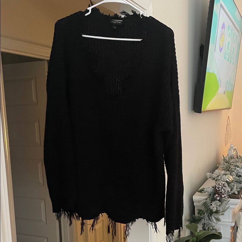 Black Frayed Hem Women's Sweater